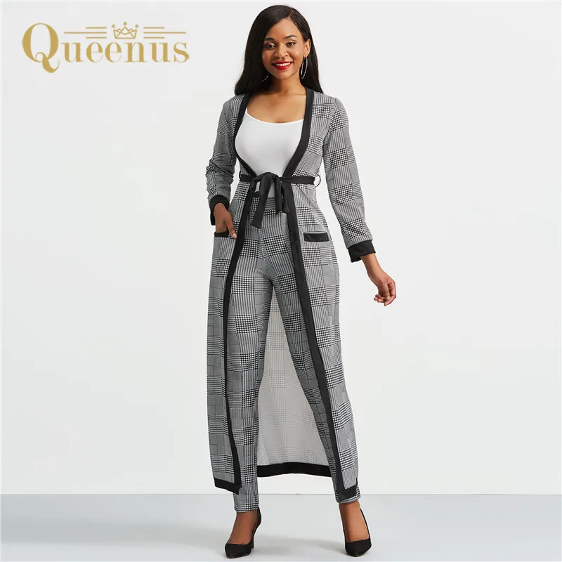 المرأة الدعاوى Houndstooth و خندق معطف و سترة ، بانت طويلة الأكمام خليط اثنين من قطعة مجموعات النساء خليط جيب دعوى OL دعوى