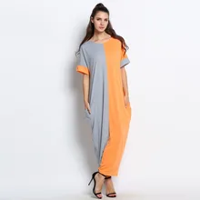 Women Color block Bohemian Loose Bat Sleeve Summer Dress Plus Size Floor-Length Long Maxi Dresses With Pocket Robe Longue Femme