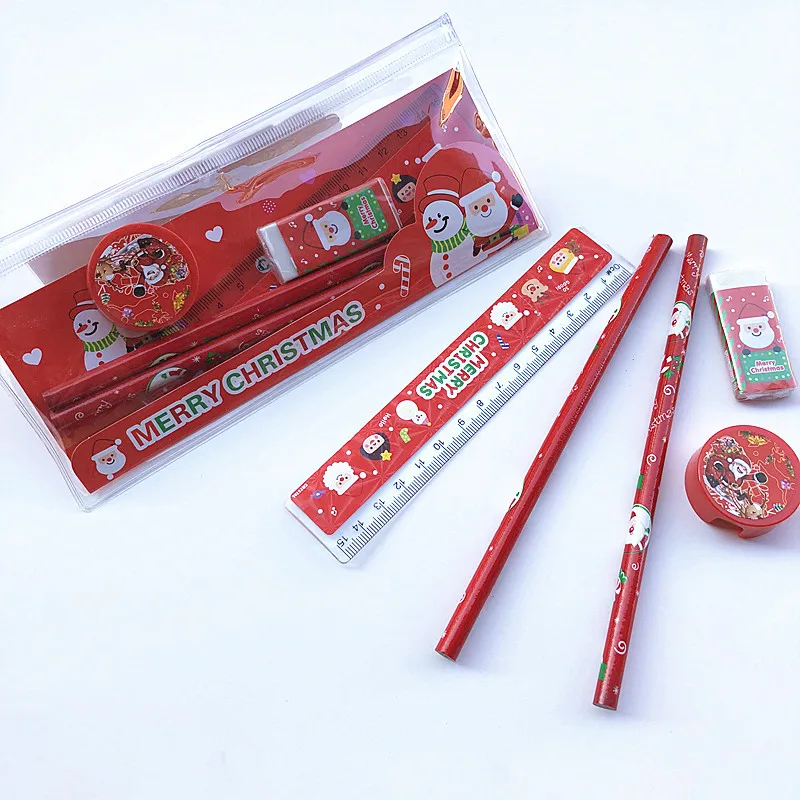 Cute Christmas Stationery Set Pencil Ruler Earser Sharpener Pencil Case 6 In 1 Stationery Set For School Girl And Boy Gift Prizs