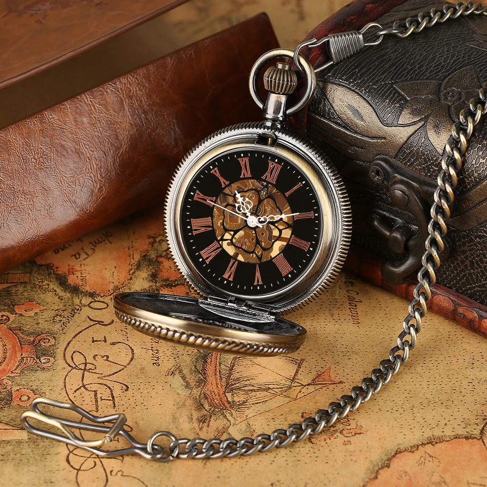 YISUYA Carving Pendant Pocket Watch Hand Winding Mechanical Steampunk Watches Vintage Bronze Ear Round Case Necklace Clock Men (12)