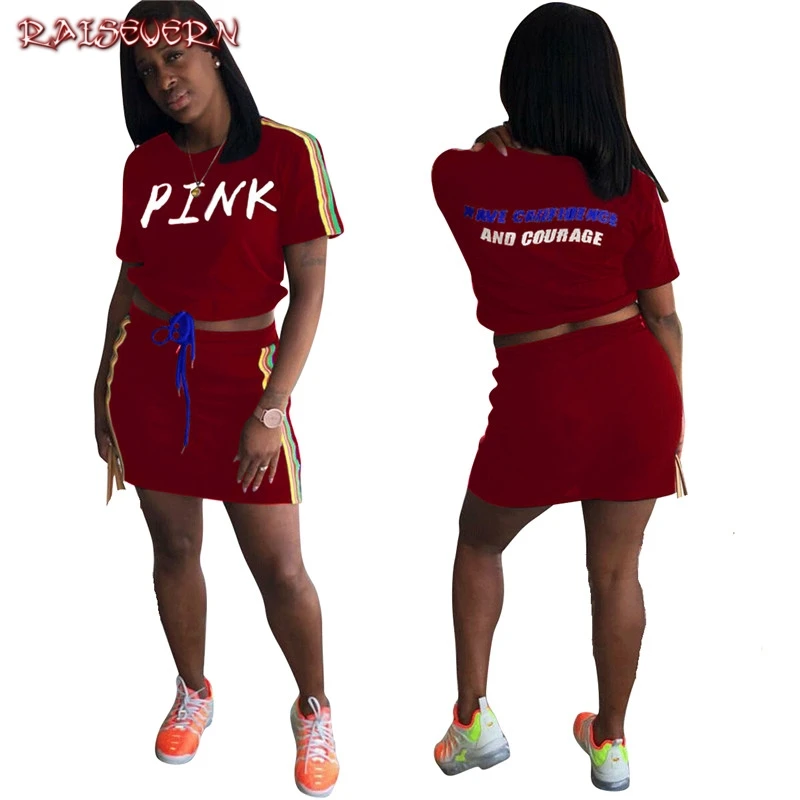 

RAISEVERN 2019 Side Striped Short Two Piece Set Crop Tops And Skirts Pink Letters Print Matching Sets Summer Clothes For Women