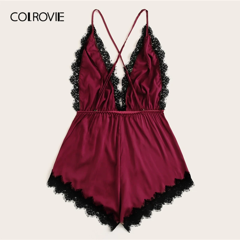 Женский атласный комбинезон COLROVIE кружевной на бретельках с перекрещенными