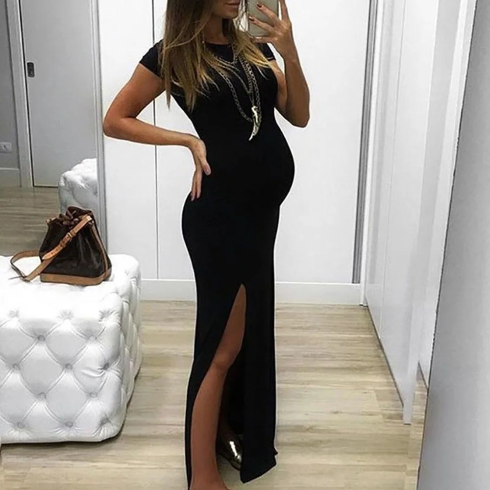 

Soft fabric, very comfortable Maternity Long Dress Pregnant Dresses Short Sleeve For Women Solid With Side Split
