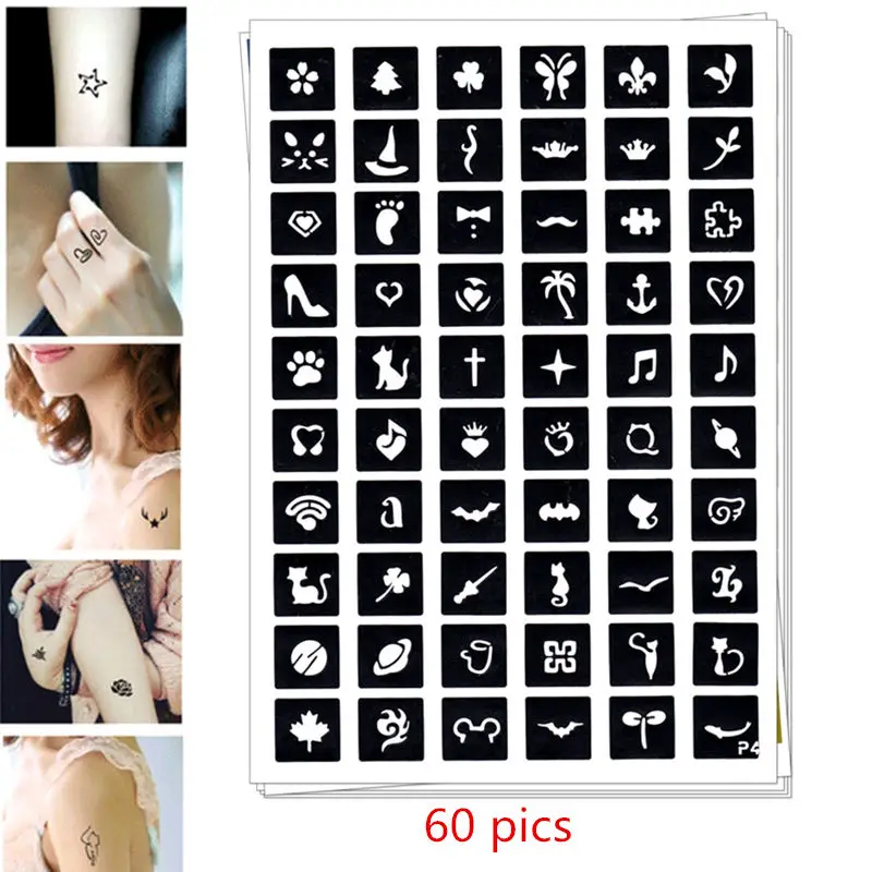 

60 pics Henna Tattoo Stencils DIY Drawing Airbrush Mehndi Body Small Cat Flower Star 0-9 Tatoo Stencil Jagua Templates