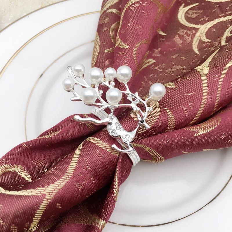 

10PCS pearl Christmas deer gold / silver napkin ring metal napkin buckle cloth ring napkin ring