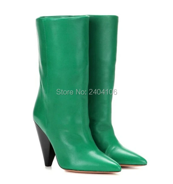 Простые кожаные сапоги до колена; цвет черный, красный, зеленый; Женская Осенняя обувь на шпильках; модные мотоботы с острым носком; Botas Mujer