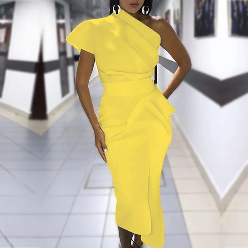 Весеннее женское элегантное сексуальное цельное желтое коктейльное платье миди асимметричное платье на одно плечо с рюшами официальное вечернее платье