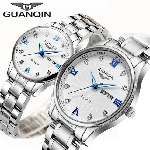 white white blue GUANQIN, часы для влюбленных пар, набор, роскошный алмаз,, мужские, женские наручные часы, нержавеющая сталь, кварцевые часы, женские часы, женские часы - Цвет: white white blue