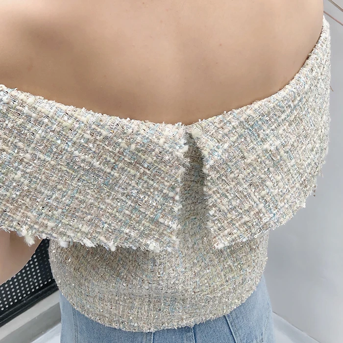 WHITNEY WANG 2019 Spring Summer Fashion Streetwear Sexy Slash neck Tweed Blouse Women blusas Shirt Tops