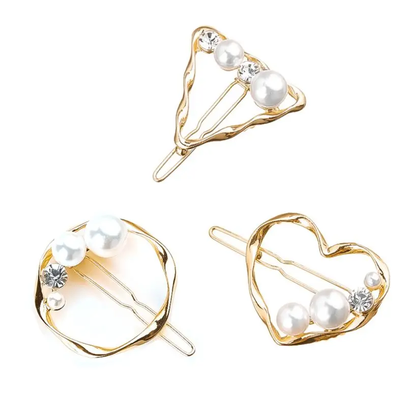 

Korea Hollow Heart Metal Hair Clips Round Triangle Imitiation Pearl Crystal Hairpins