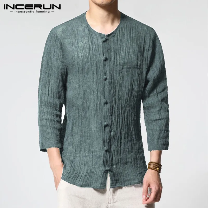 INCERUN الرجعية الصينية نمط ثلاثة أرباع الكتان قمصان رجالي عارضة القطن منتظم صالح الصلبة غطاء أزرار الذكور اللباس قمصان