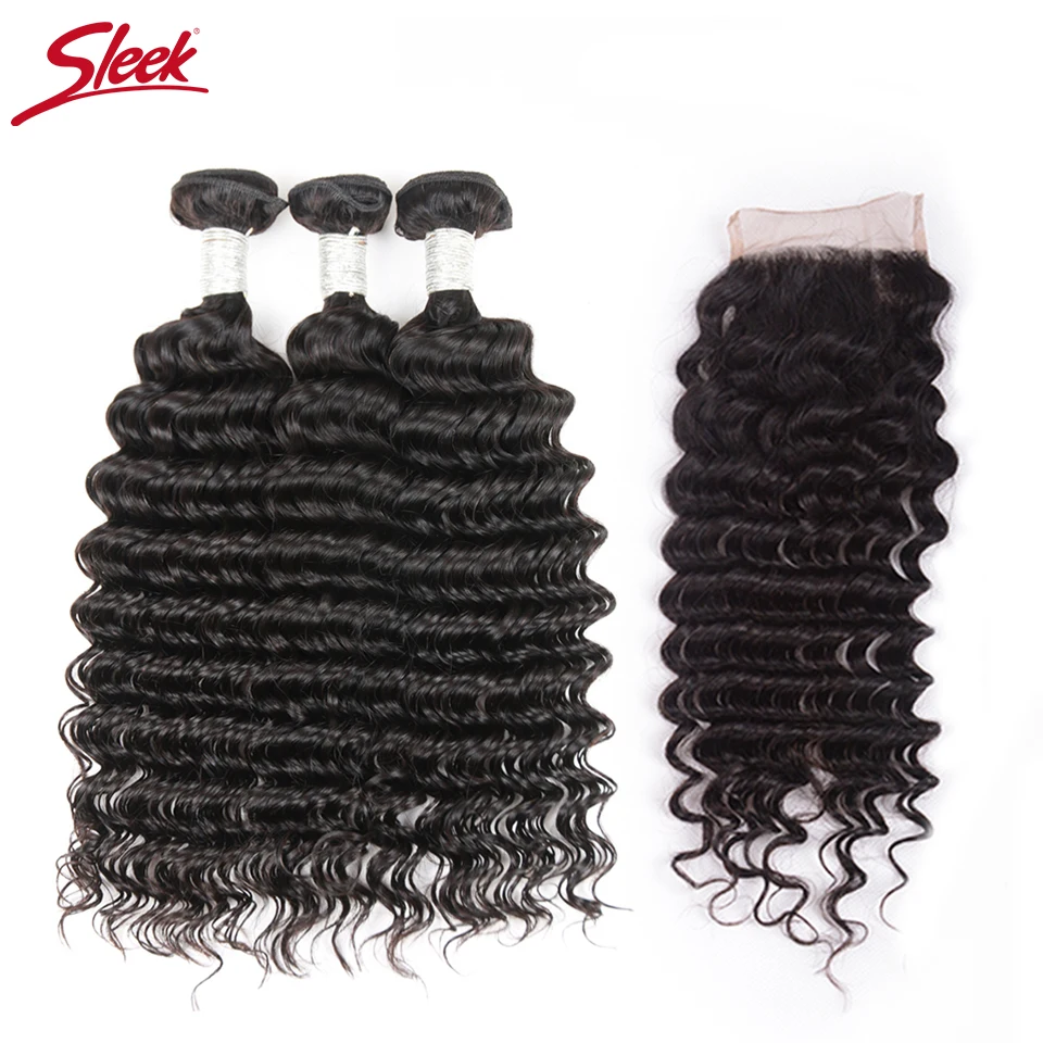 

Sleek Brazilian Deep Wave Bundles With 4x4 Free Part Lace Closure With 3 Bundles Natural Remy Human Hair Bundles With Closure