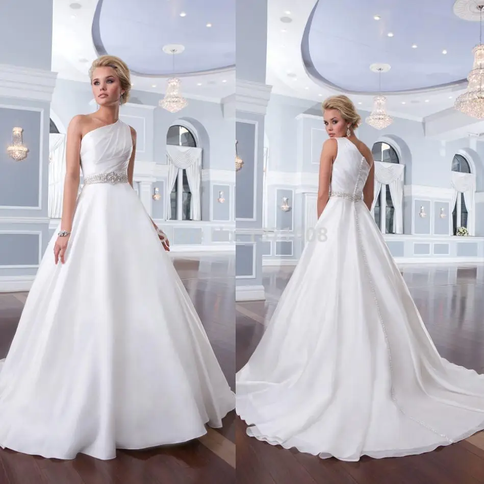 2015 New Classical Wedding Dresses Bridal Gowns With One Shoulder Neckline Back Covered Button A Line Beaded Organza White Court | Свадьбы и