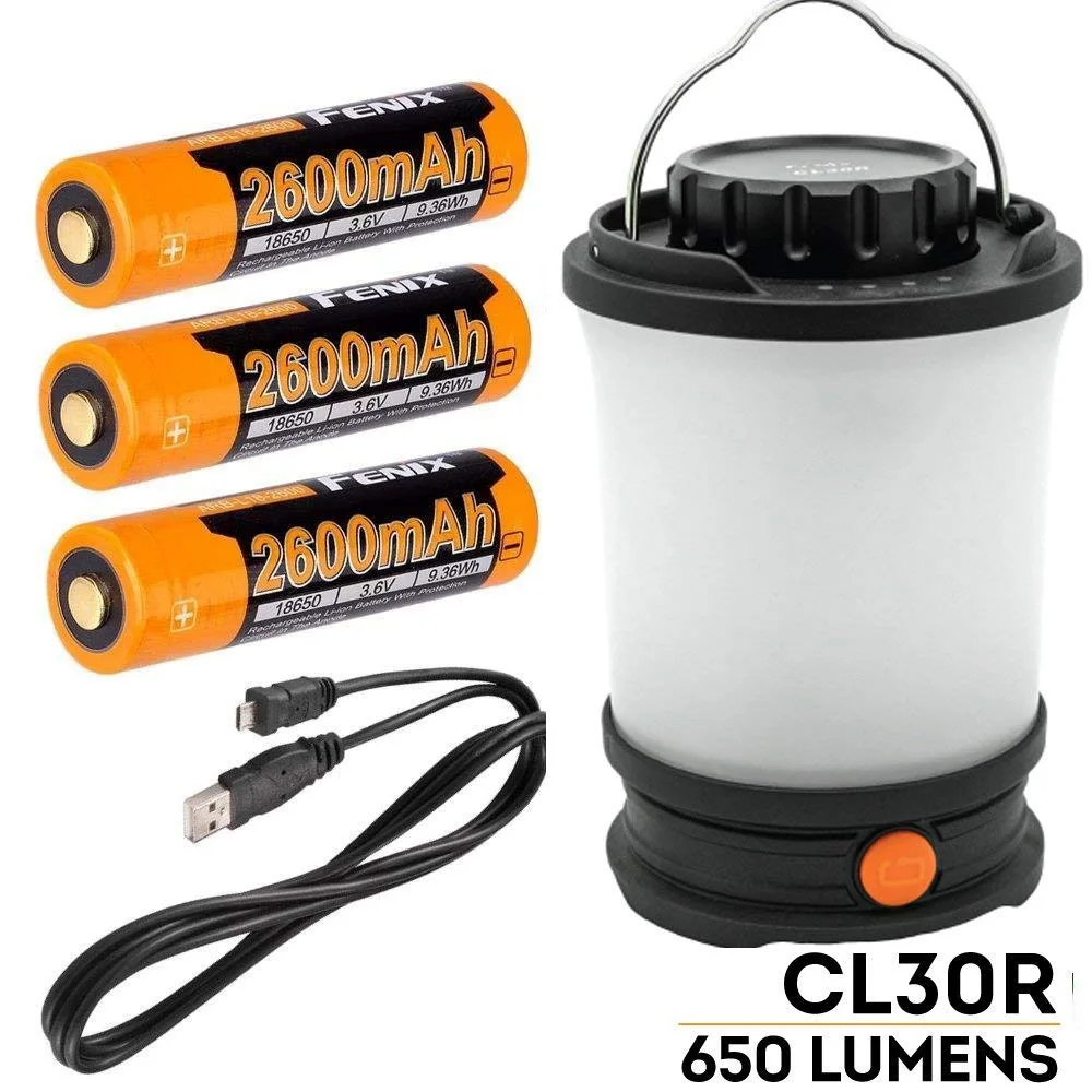 

Fenix CL30R 650 lumen USB rechargeable camping lantern / work light with 3 X 18650 rechargeable batteries and charger cable