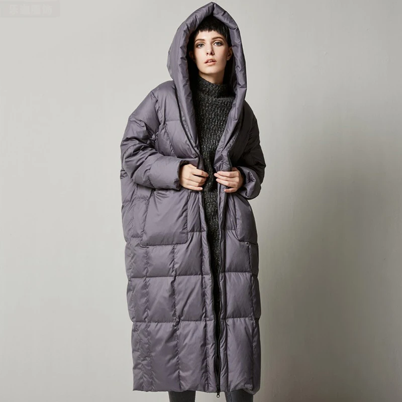 Более размера, белая куртка-пуховик на утином пуху, женское Свободное пальто с гусиным пером, длинная парка с капюшоном, толстая верхняя одежда размера плюс, пальто Okd381 - Цвет: gray