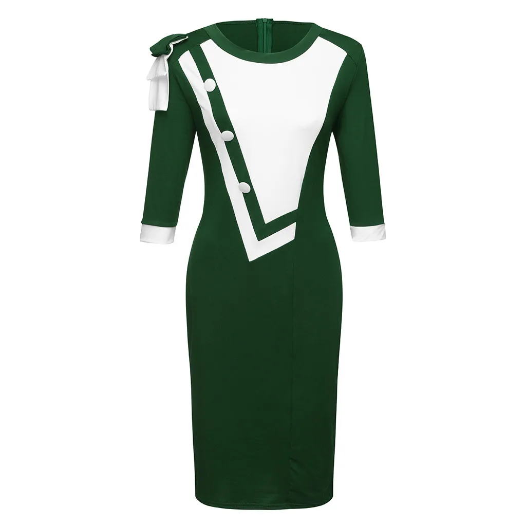 

JAYCOSIN 2019 New Summer Women Dress Work Bowknot Patchwork Shoulder Zipper Back Color Block Patchwork 3/4 Sleeve Sheath 9031812