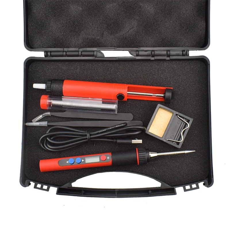 USB 5V 2A 10W Digital Temp Adjustable Soldering Iron Kit Portable Lead-Free Welding Rework Station with Switch Toolbox