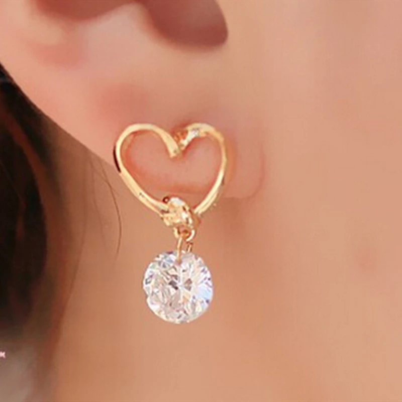 

Fashionable Adorn Article Love Heart Earrings Ear Rings Golden Bizuteria With Shiny Rhinestone Zirconia For Bride