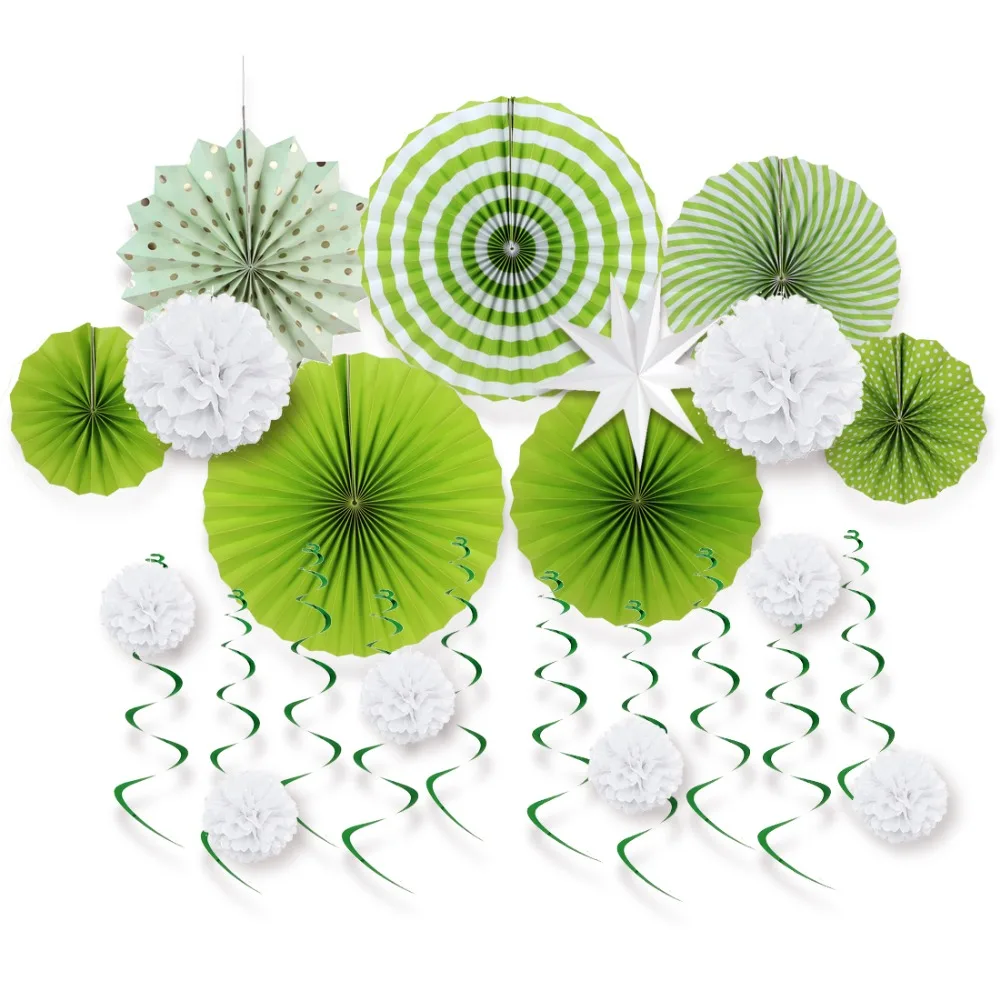 

12pcs/set Fresh Green Party Decorations Assorted Paper Pinwheels Star Garland Dots Fans Birthday Wedding Decor New Arrival