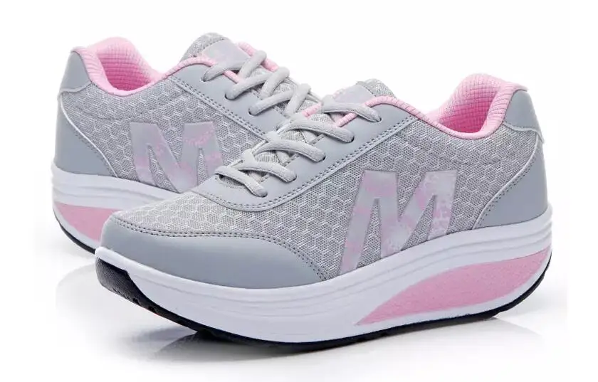 ALDOMOUR Mesh Lacing Women Toning Shoes Thick Soles Height Increased Breathable Wedges Swing Sneakers New Autumn Slmming Shoes