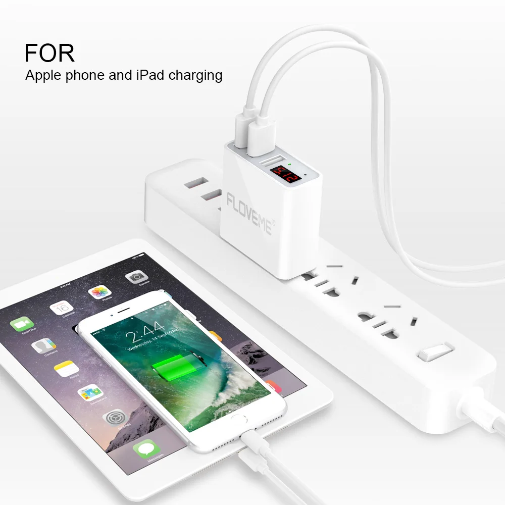 FLOVEME 3 Ports LED Display Fast Charging 5V 3A Cellphone Power Adapter USB Charger Travel Wall Charger For iPhone IPad Xiaomi