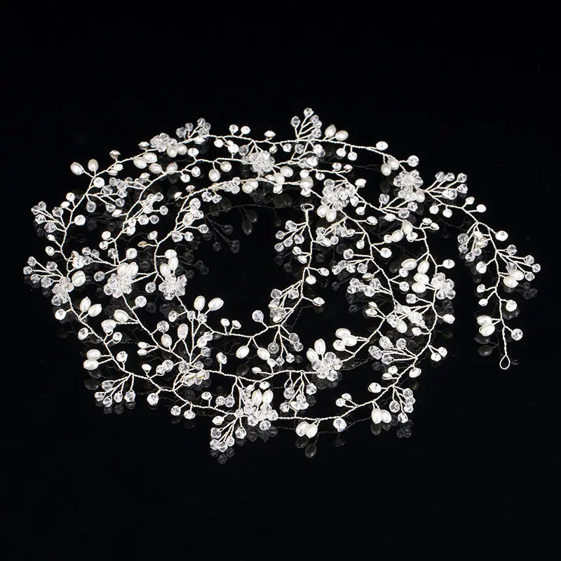 

TUANMING Silver Rhinestone Pearl Crystal Heanband Handmade Wedding Tiara Hair Accessories Gold Bridal Long 2017 New Hair Jewelry