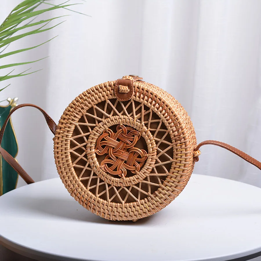 20cm Big Size Handmade Circle Chinese Bowknot Women Rattan Bags Spiral Style Hollow Out Flowers Female Shoulder Bags B380