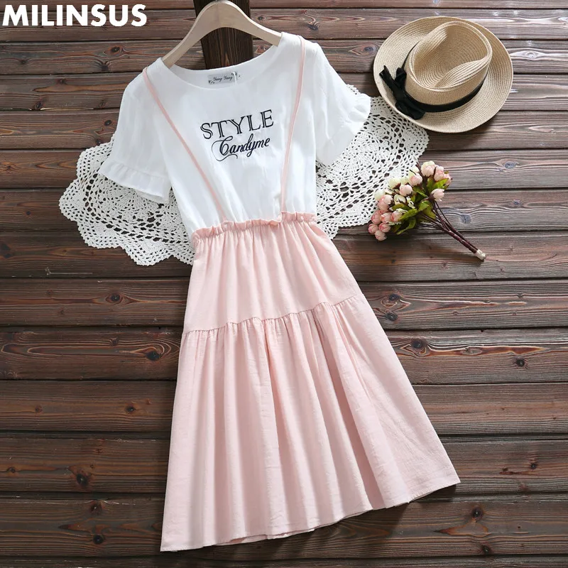 

2019 Summer New Brand Women embroidery Korean Dresses fake two piece short sleeve Fashion pink dress female Simple clothes
