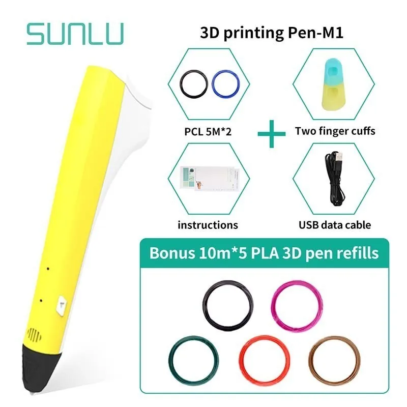M1-Yellow-10.5 SUNLU 3D Ручка для печати Prince M1, поддержка PLA/PCL, нить 1,75 мм, подходит для детей, инструменты для рукоделия, желтый цвет, набор коробок - Цвет: M1-Yellow-10.5