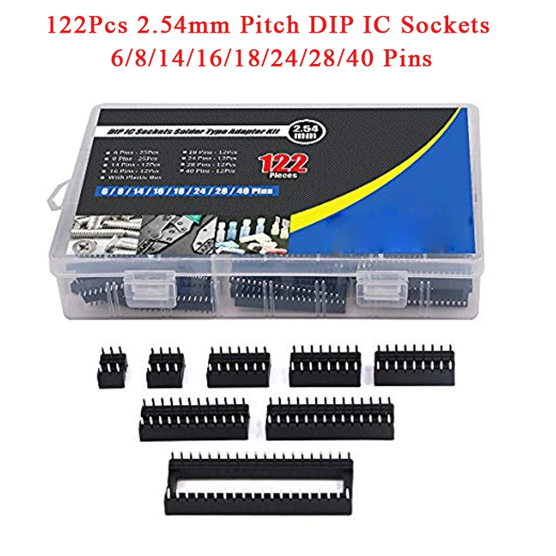 122Pcs 2.54mm Pitch DIP IC Sockets Solder Type Adaptor Assortment Kit (6/8/14/16/18/24/28/40 Pins) 122Pcs 2.54mm Pitch DIP IC Sockets Solder Type Adaptor Assortment Kit (6/8/14/16/18/24/28/40 Pins)