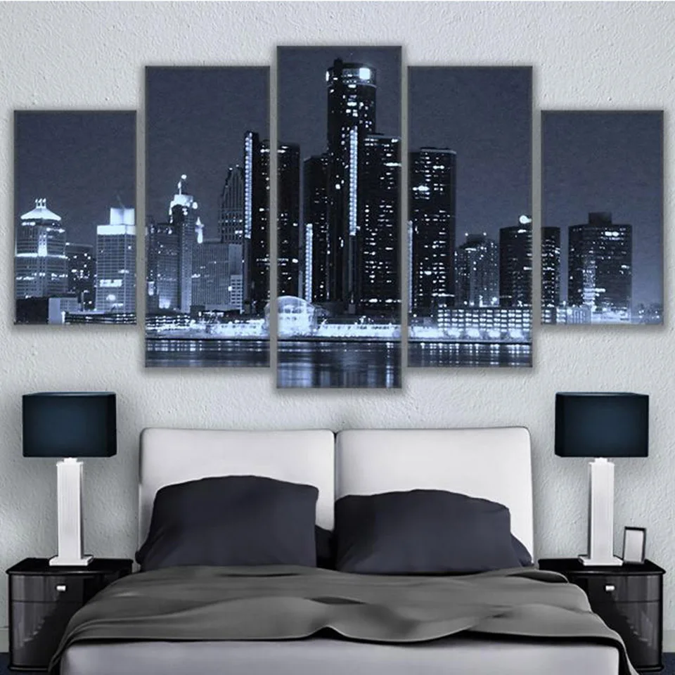 

Modern Printing Type Poster Canvas Painting HD Print Wall 5 Panel City Detroit At Night Art Pictures Modular Vintage Home Decor