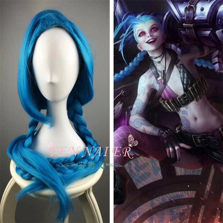 Парик LOL костюм Джинкс Jinx голубые косички Свободный парик Cannon с синими косичками