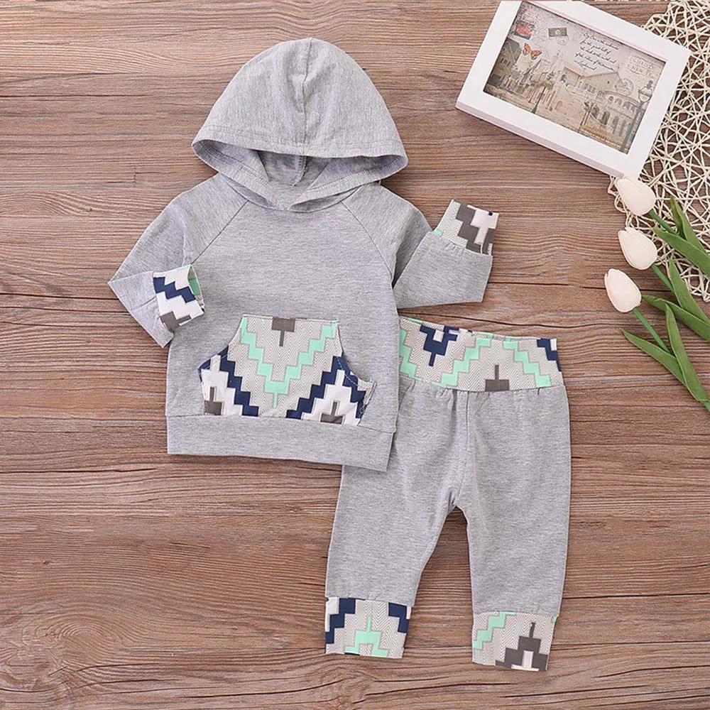 

MUQGEW New Fashion 2PCs Toddler Baby Boy Clothes Geometric Print Hoodie Tops+Long Pants Set Outfits 2019
