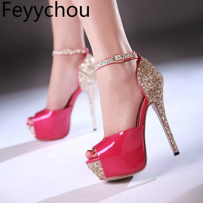 

Women's Sandals Super High Heels Sexy New Fashion Spike Heels Platform Spring Autumn Patchwork Bling Party Wedding Shoes Gold