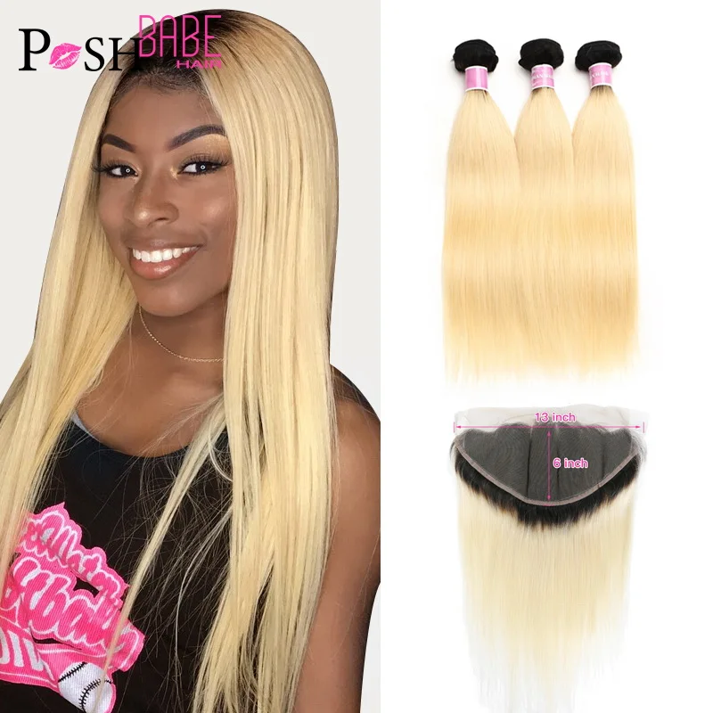 

POSH BABE 1B 613 Honey Blonde Ombre Colored Weave Brazilian Straight Human Hair Weft 2 3 4 Bundle with 13*6 Lace Frontal Closure