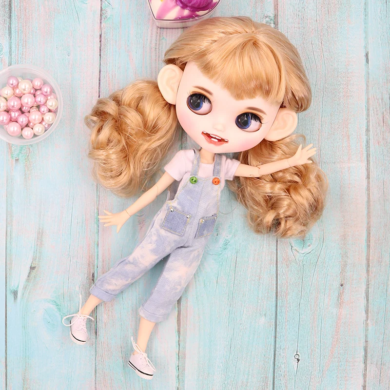 Blythe Nude Doll from Factory Light Gold Straigh Hair Eyebrow Smile Mouth+Teeth