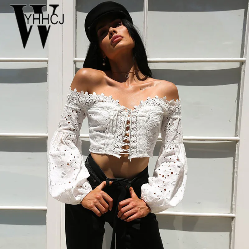 WYHHCJ 2018 sexy backless women t shirt lantern long sleeve crop top summer tshirt bodycon patchwork hollow out lace up t-shirt