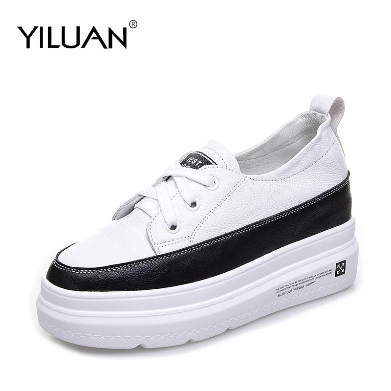 Leather shoes White Sneakers Platform women shoes Autumn Fashion Increase Casual Shoes Woman Student small size 32 33 34 - Цвет: Черный