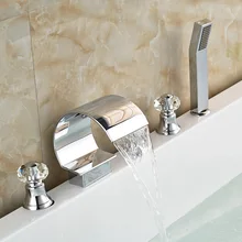 Chrome Brass Waterfall 5pcs Deck Mounted Bathtub Faucet 5PCS Mixer W Handheld Shower