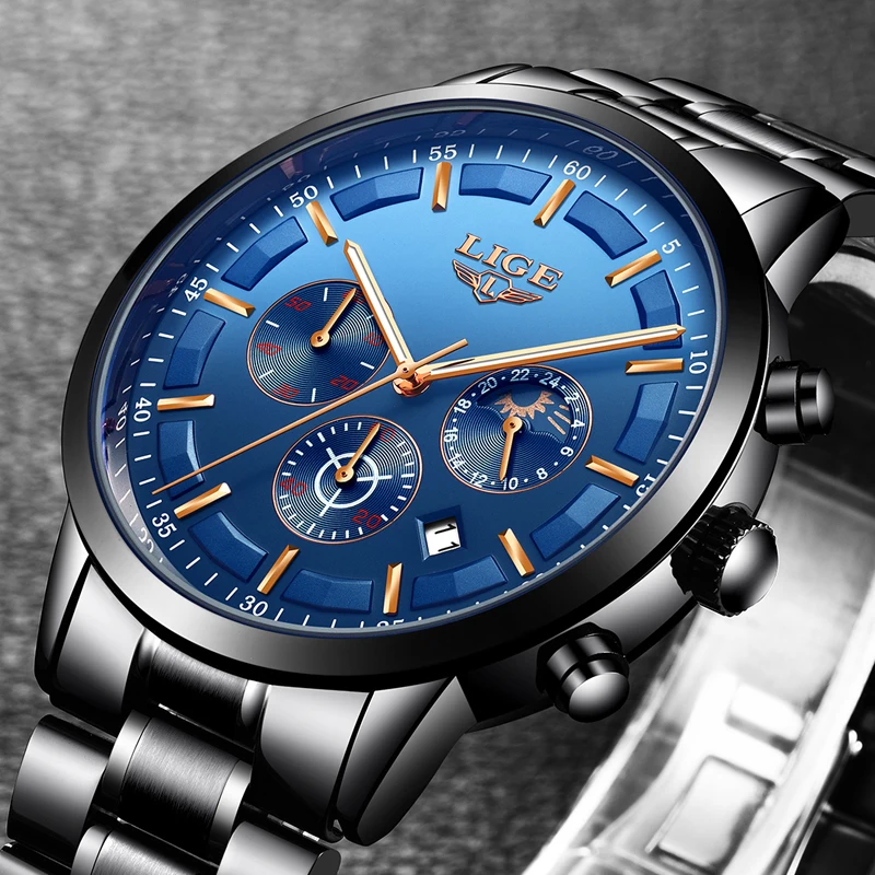 LIGE Men's Waterproof Quartz Watch Full steel Men Watches Dress Business Fashion Casual Sport Moon Phase Black Blue Male Clock