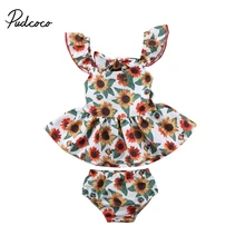 Летний комплект одежды с цветочным принтом для новорожденных девочек, мини-платье с оборками и рукавами, с открытой спиной, с рисунком подсолнуха топы+ шорты-шаровары для малышей комплект из 2 предметов, пляжный костюм