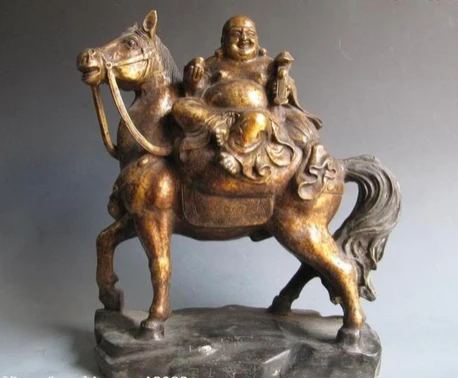 

003798 14 China Folk Copper Bronze Carved Lucky Maitreya Buddha Ride on Horse statue