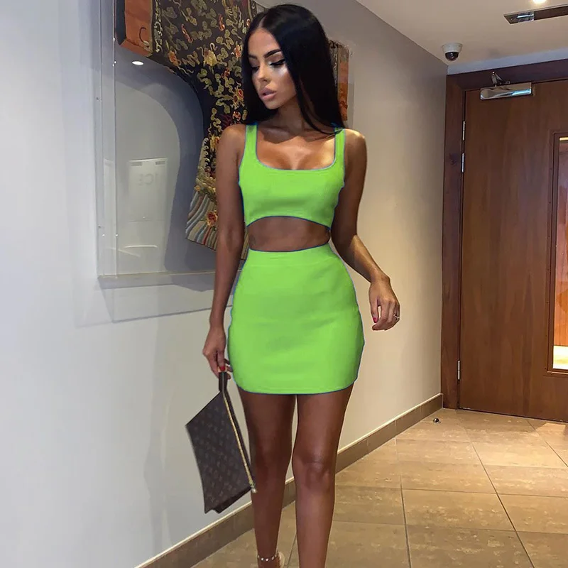 

Chicology ribbed fabrication neon crop tank top female skirt 2 two piece set 2019 summer sexy women clothing festival outfit