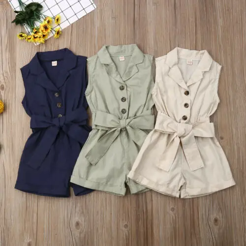 2019 New Fashion Kids Baby Girls Clothes Lovely Solid Sleeveless Bow-tie Waist Short Romper Jumpsuit Outfits Sunsuits Hot Sale