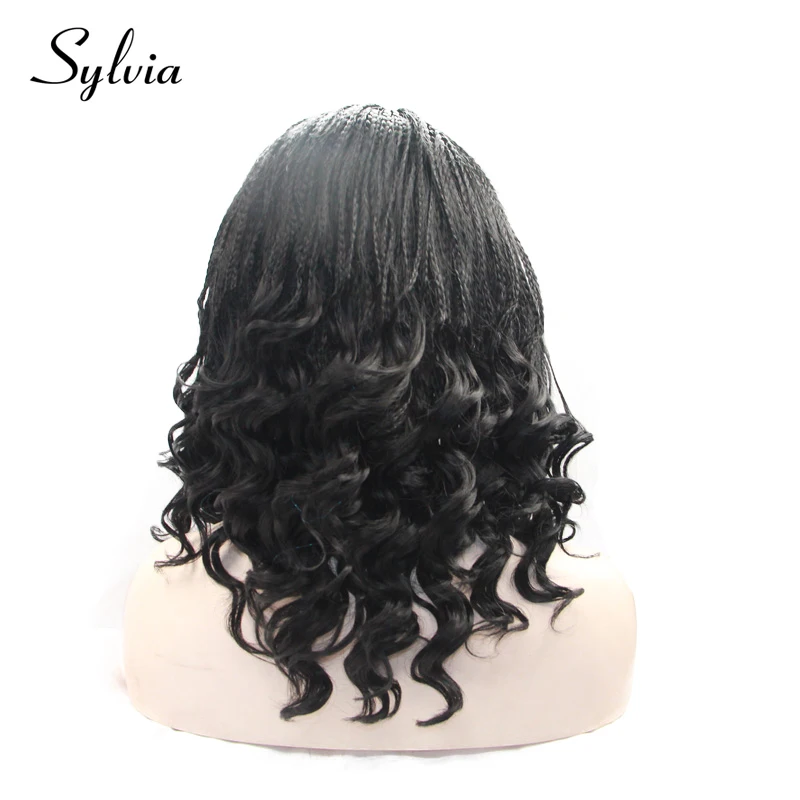

Sylvia 1b# black micro braiding with curly tips synthetic lace front wigs natural braided box braids heat resistant hair wigs
