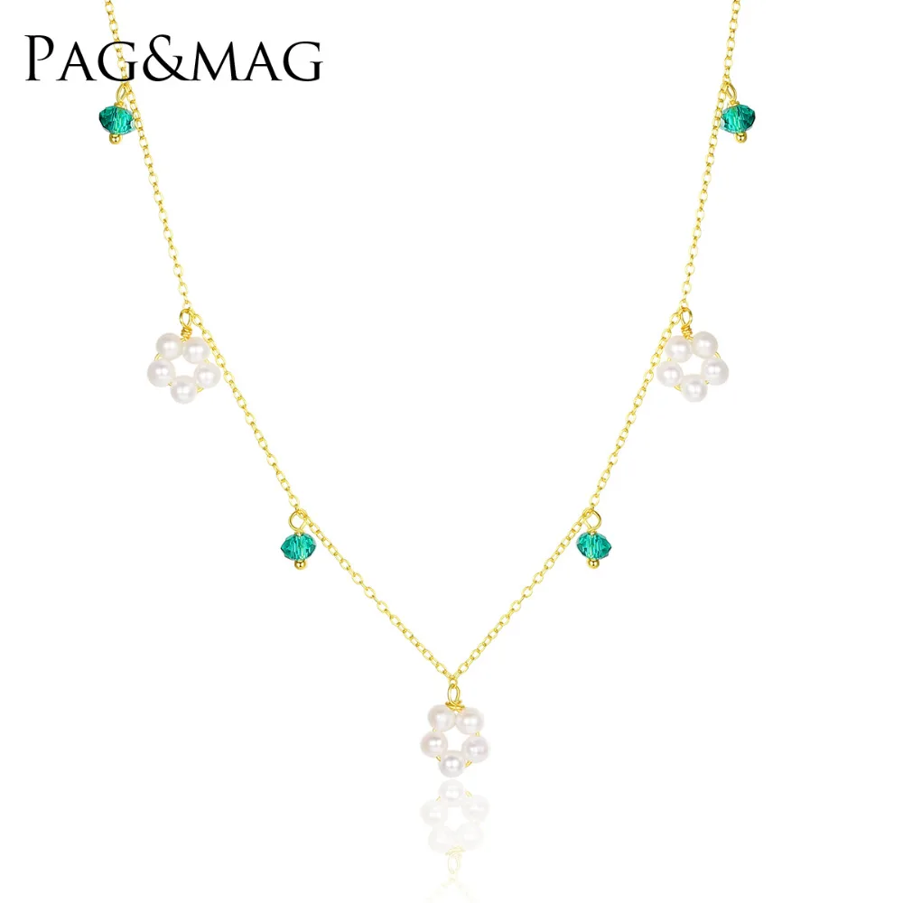 

PAG&MAG Fashion Bohemia Green CZ Natural Pearl Pendant Necklace for Women 100% 925 Sterling Silver Charm Chain Necklace Jewelry