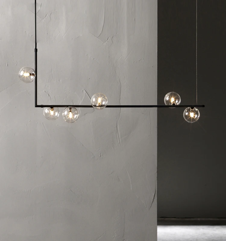 Modern minimalist chandelier lights for kitchen bar table long chandelier led design black loft glass ball hanging light Fixture