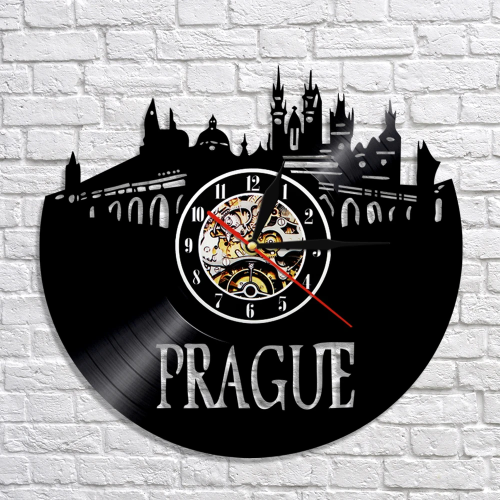 Prague Skyline Wall Art Decor Modern Design Vinyl Record Wall Clock