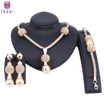 

Dubai Imitation Pearl Jewelry Set Gold Color Women Earrings Necklace Bracelet Sets For Women Wedding Party Gift Sets