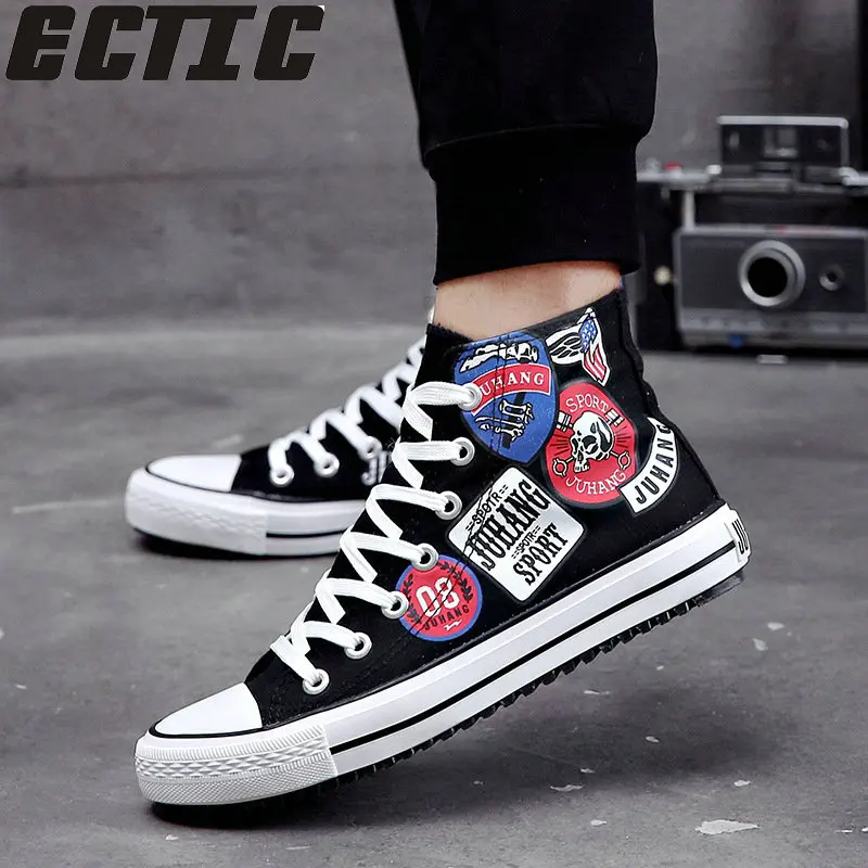 

ECTIC Casual Sneakers for men Comfortable wear-resisting fashion breathable adults students graffiti canvas slip-on shoes DP-135